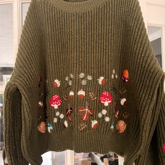 ROMWE Sweaters - ROMWE Olive Green Crewneck Sweater with Embroidered Mushrooms